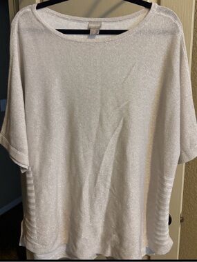 Chicos size 2 Large short sleeve sweater Beige Stripe Womans‎ Metallic Womens